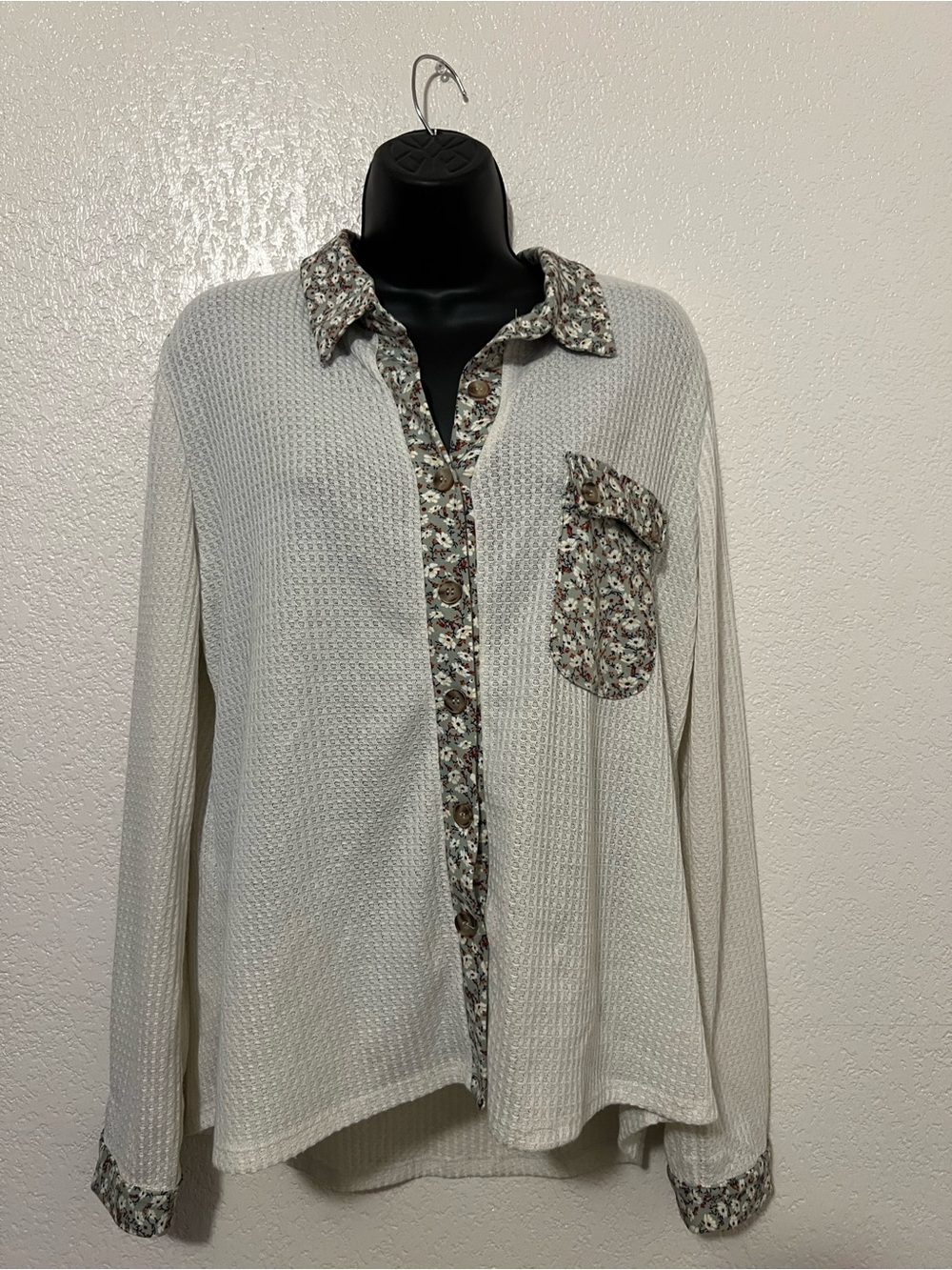 Cream Waffle-Knit Button-Down Shirt with Floral Trim